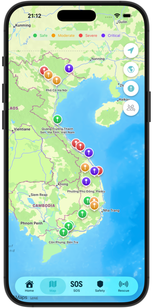 AquaGuard live flood map with colour-coded severity pins