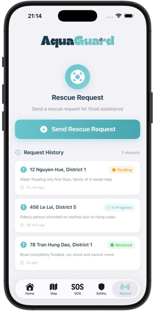 AquaGuard rescue request screen with a Send Rescue Request button