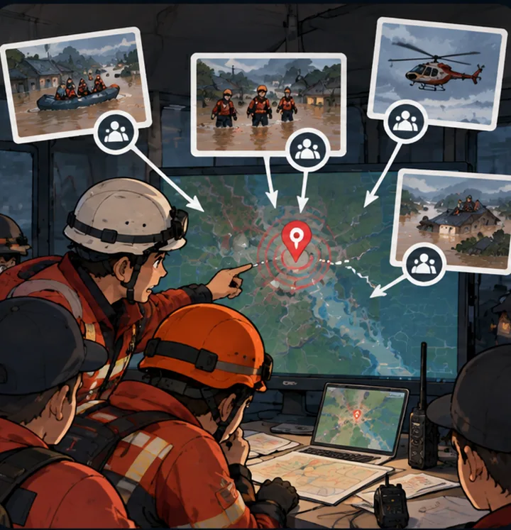 A rescue team at a live map screen with photos of nearby rescue teams linked to the person asking for help