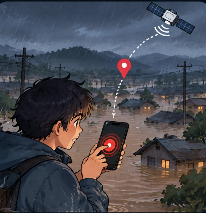 A rainstorm flood scene where a young man presses an SOS button on his phone and his location is sent via satellite
