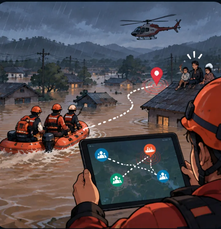 A rescue boat heading toward a stranded family on a rooftop while the team follows the route on a tablet